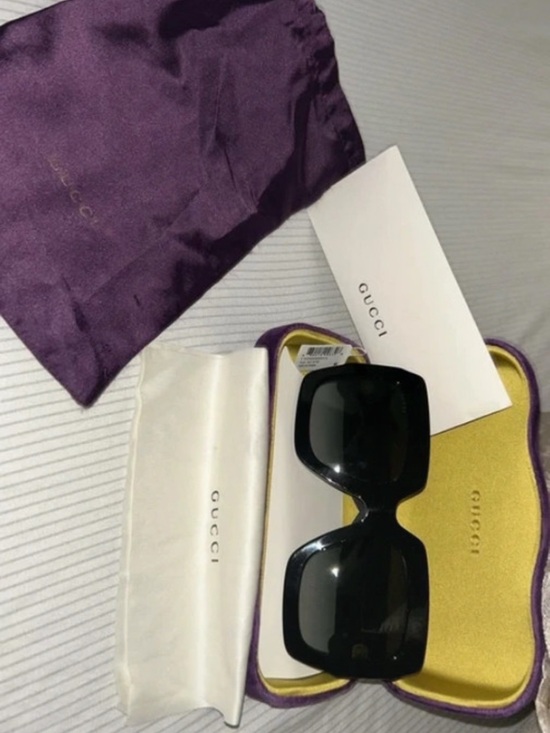 Gucci Black Oversized Square Sunglasses with Purple Soft Pouch and Yellow Case
